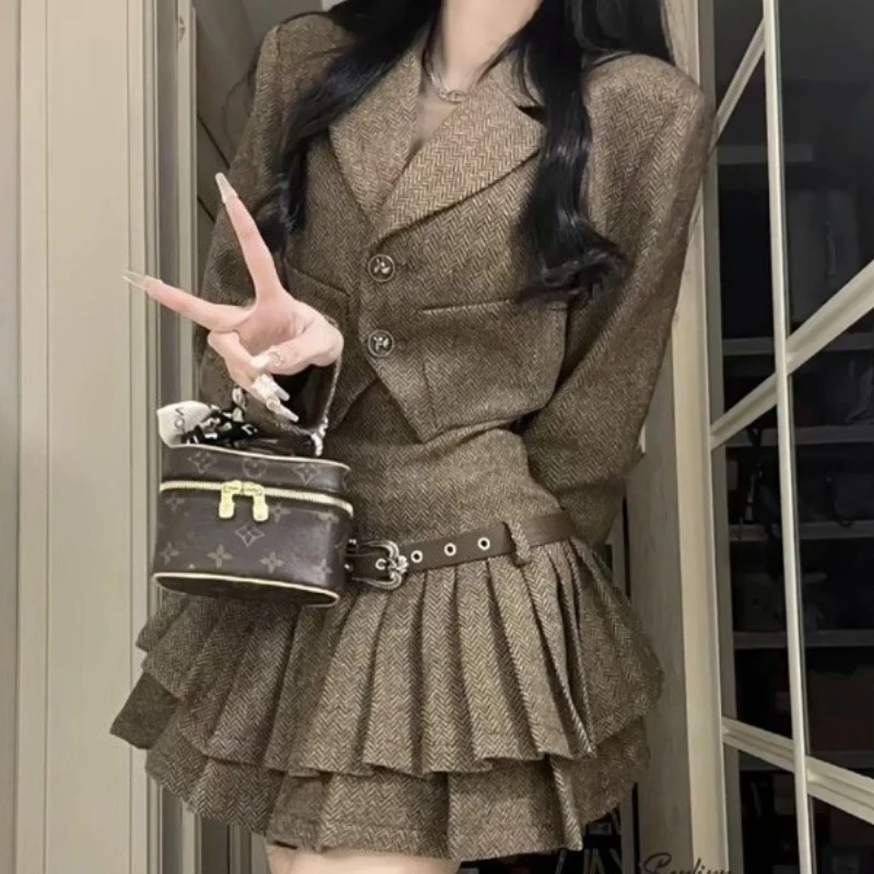 Americano retro y2k design terno feminino preppy setyle moda coreana doce terno francês casaco + saia plissada roupas femininas