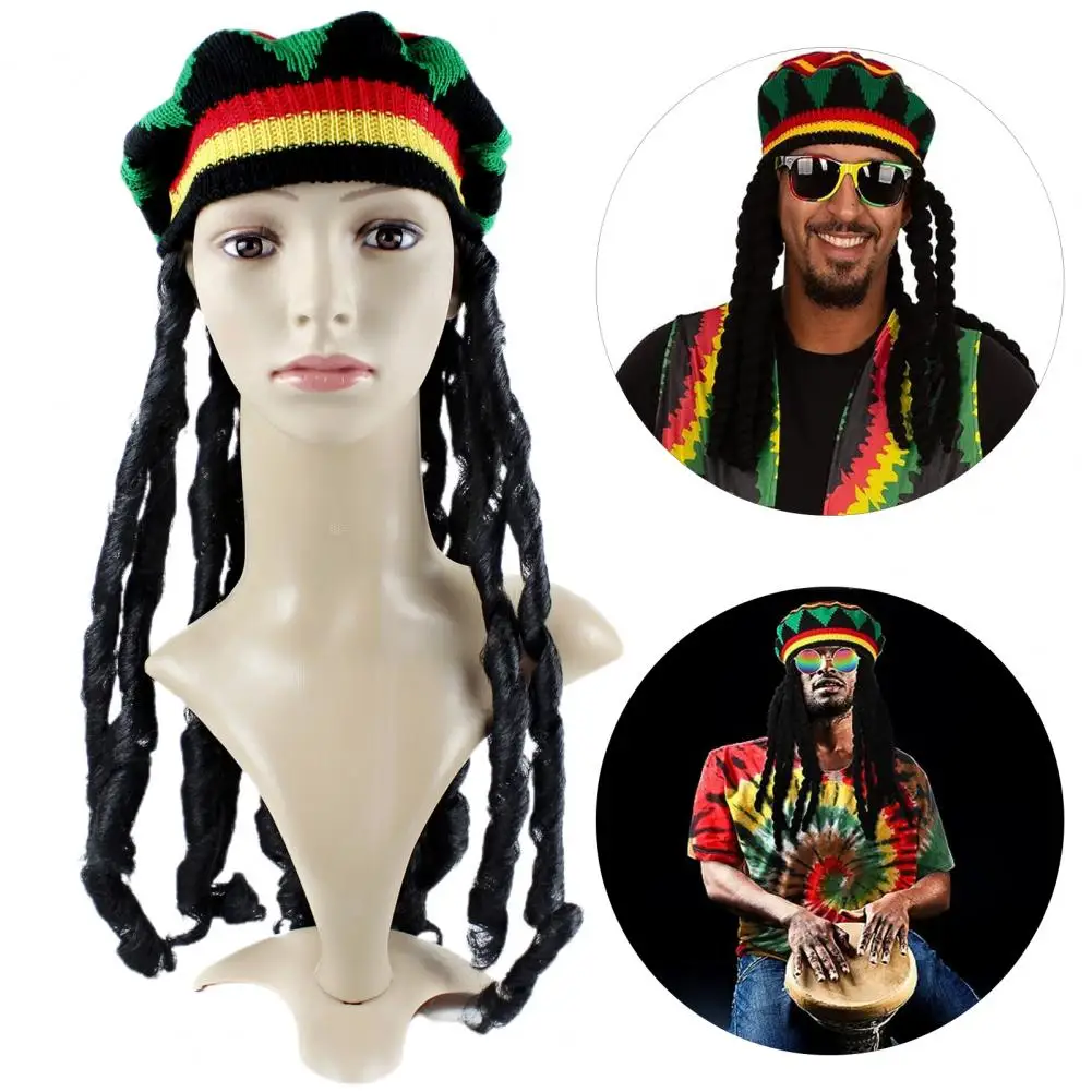 Reggae Hat with Black Dreadlocks Comfortable Braid Hat Wig Ethnic Style Reggae Beret Woolen Knitting Hat for Halloween Costume