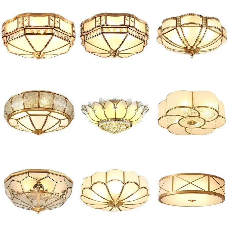 

American all-copper ceiling light, round living room light, simple