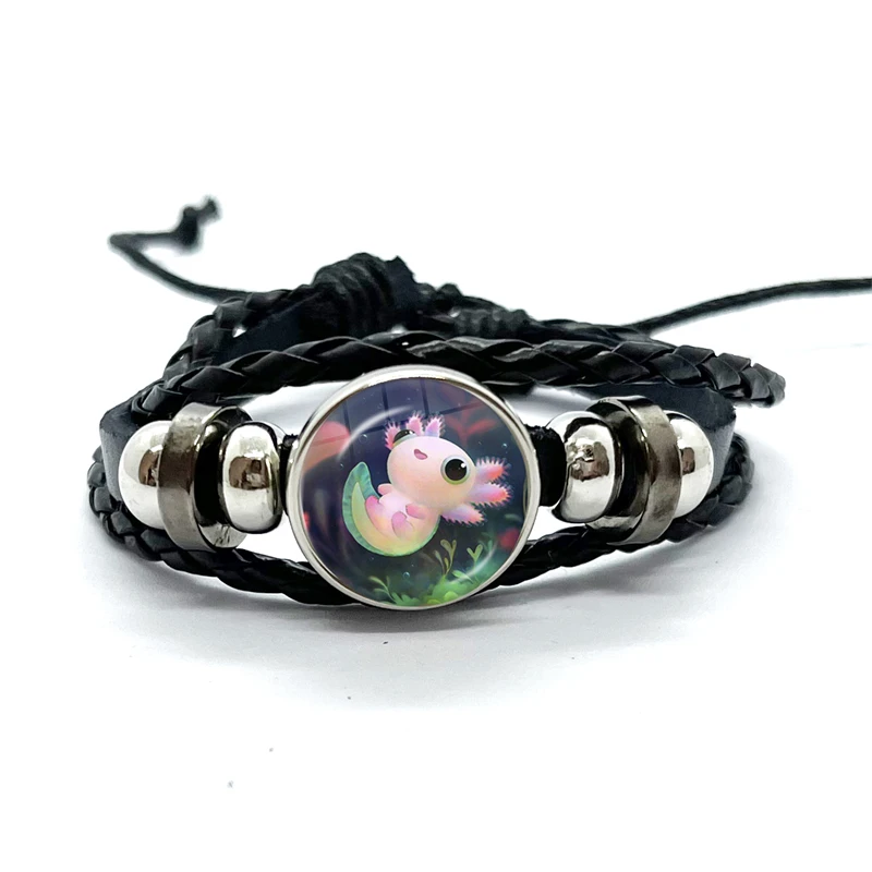 Axolotl  Leather Bracelet Glass Dome Multilayer Braided Bracelets Bangles Handmade Jewelry Gifts