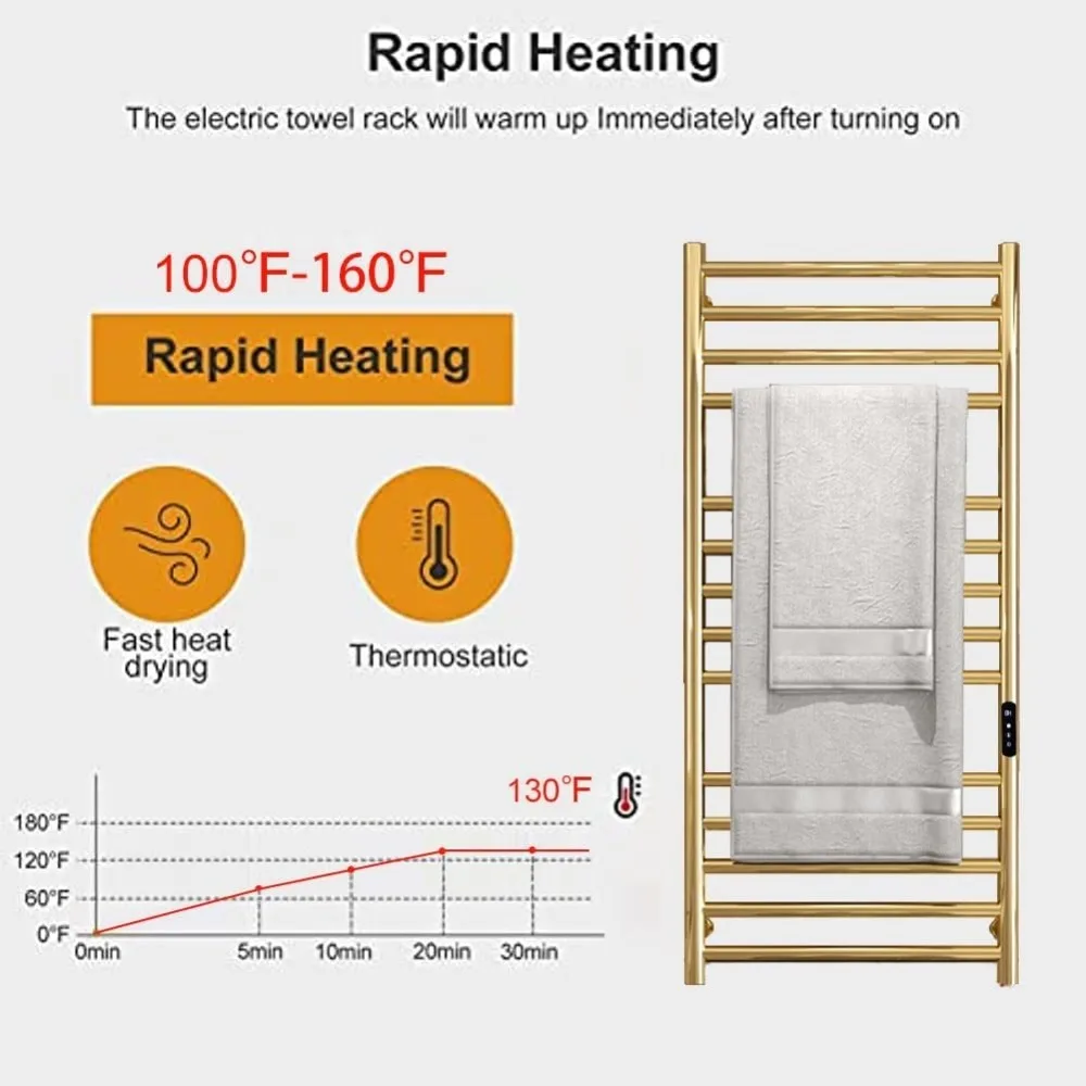 Aquecedores de toalhas aquecidos para banheiro, toalheiros quentes fixados na parede, rack de secagem de toalhas aquecido com temporizador e temperatura multinível
