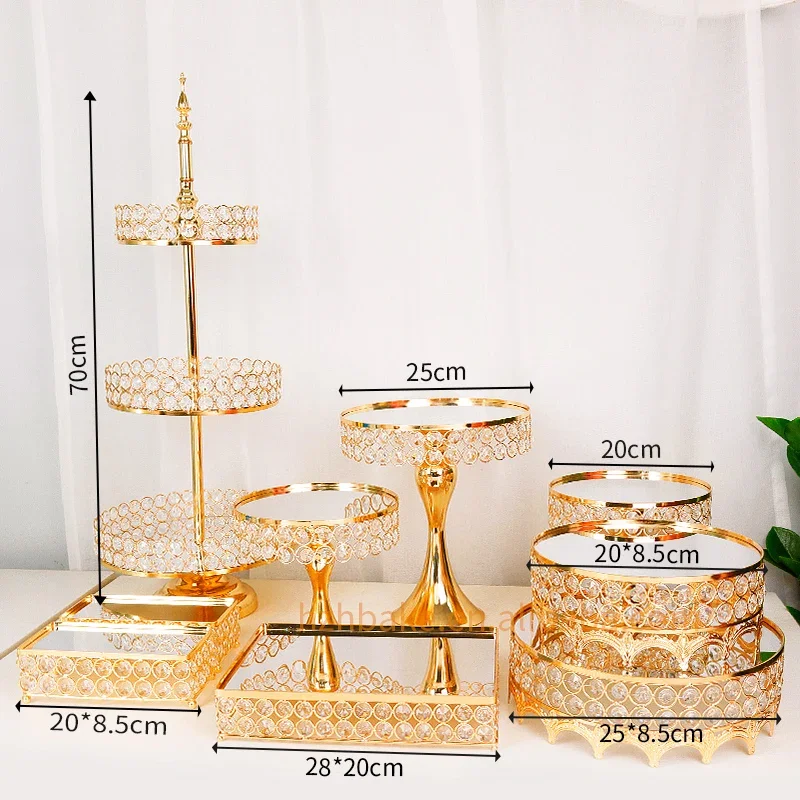 9 Pieces Crystal Gold Cake Stand Set Metal Cake Display Stand With Mirror Top Plate Crystal Decor Dessert Stand