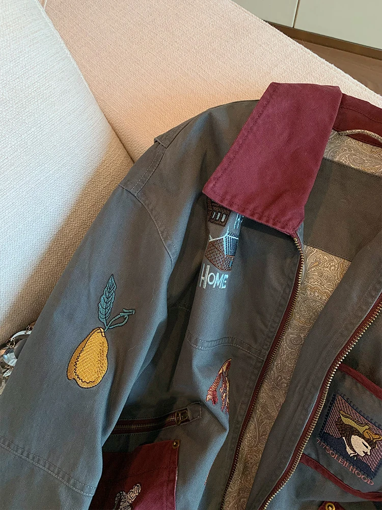 

Retro Chic Contrast Color Cartoon Embroidery Stand Collar Jaet for Men And Women Spring Autumn Unique Sli Anti-Aging Top