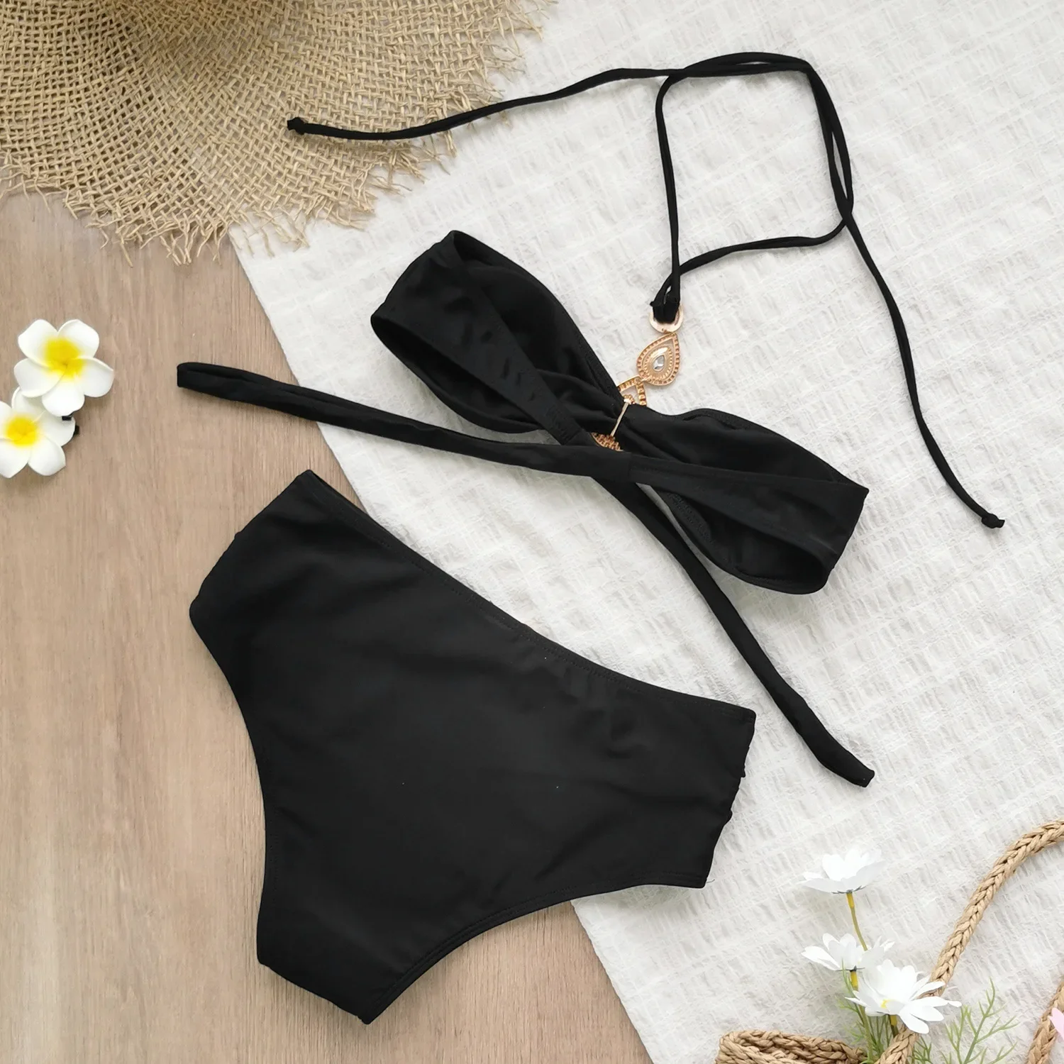 Luxus Strass Bikini 2025, Frauen Sexy Black Diamond Push Up Bandage Kreuz Hohe Taille Badeanzug Strand Badeanzüge Bademode