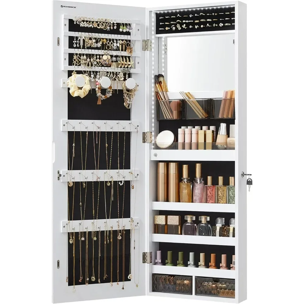 Mirror Jewelry Cabinet Armoire Organizer, Wall or Door Mount Storage Cabinet with Full-Length Frameless Lighted Mirror，2 Drawers