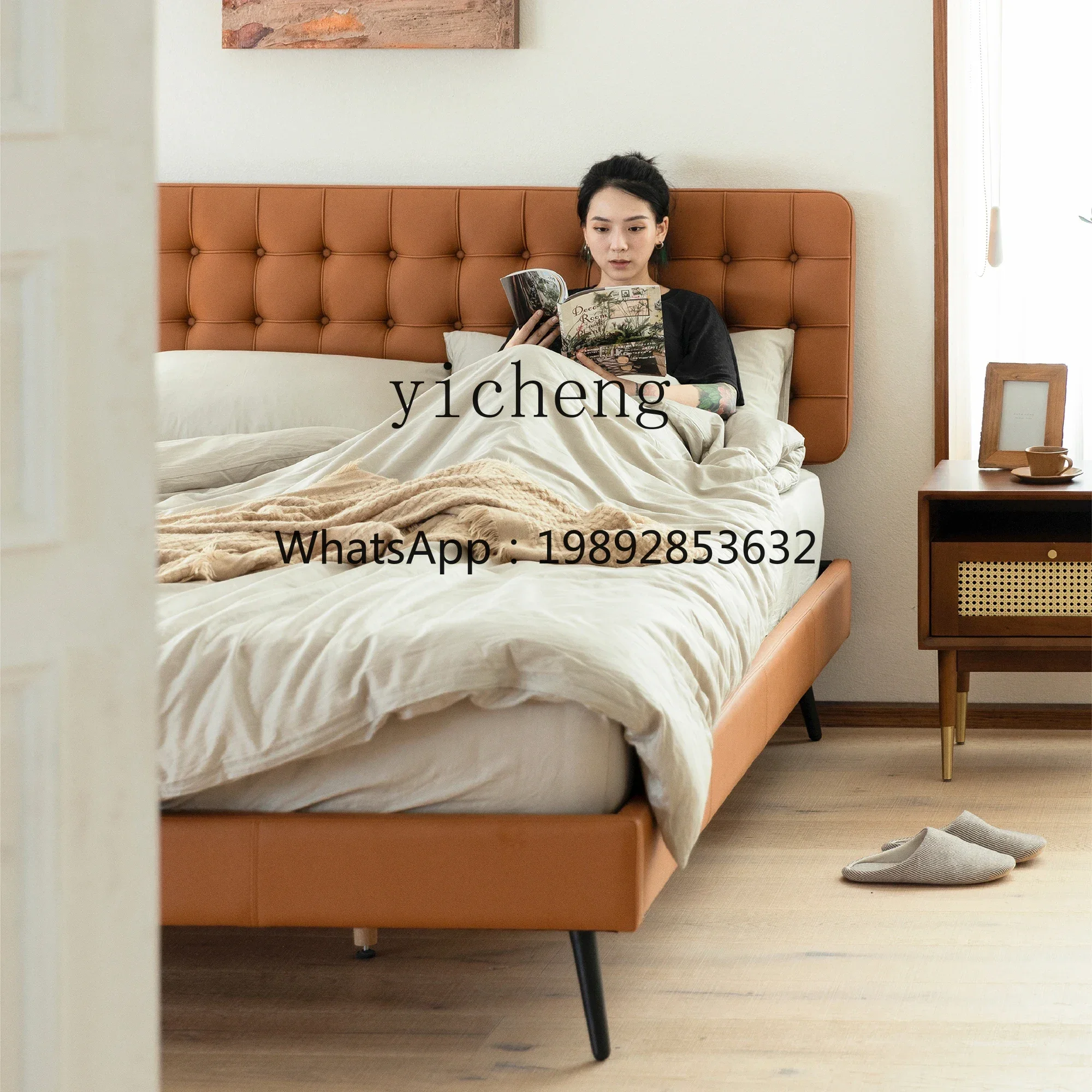 

XLL first-layer cowhide leather bed, modern simple light luxury leather bed, master bedroom soft leather art bed