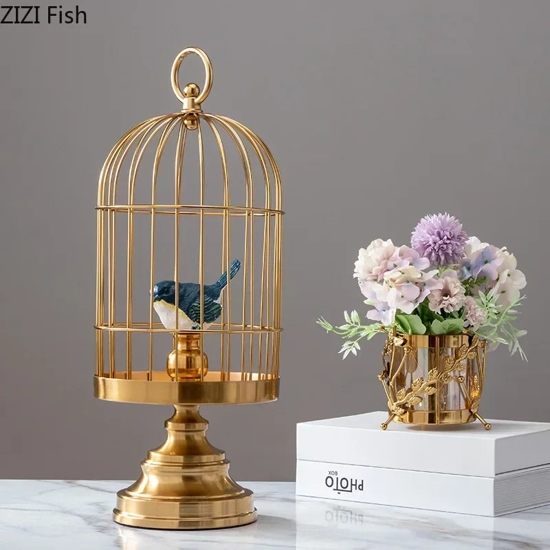 Creative Golden Metal Bird Cage Ornaments Suspension Simulation Animal Bird Cage Animal Sculpture Crafts Ornaments Decoration