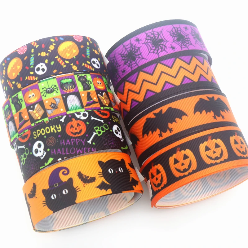 DUWES 50yards Halloween Bat Spider Printed Grosgrain Ribbon Accessories Material Headwear Decoration DIY Sewing Craft D1705