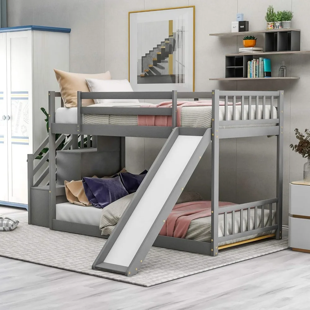 Stairs and Slide, Juniors Twin Over Twin Bunk Beds with Slats, No Box Spring Needed, Bed Bases & Frames