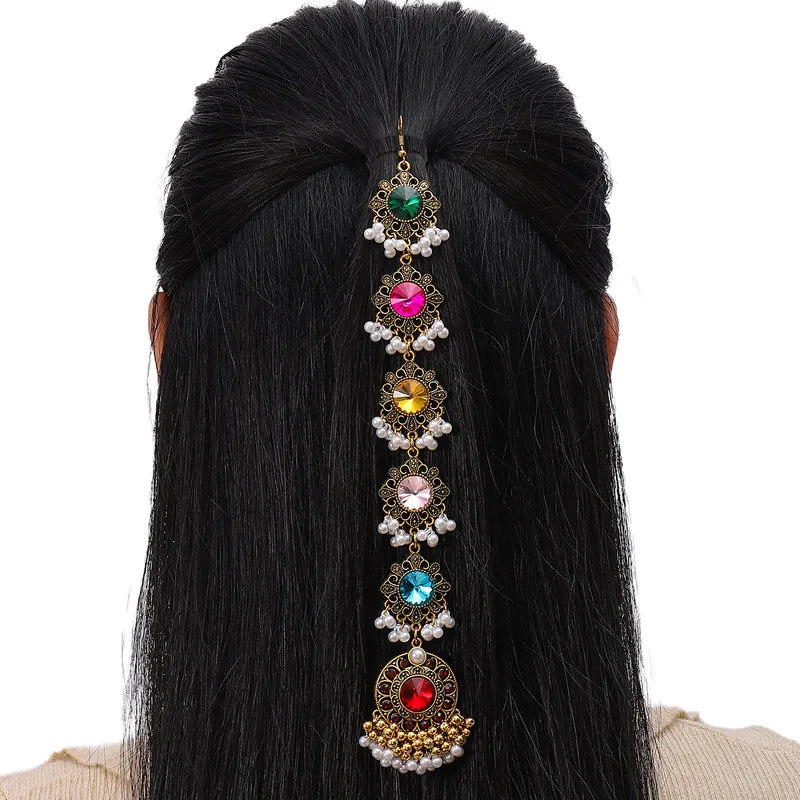 Vintage Hair Accessories For Women Colorful Glasses Stone Decoration Simulated Pearl Beads Tassel Head Chain Ethnic Accesories