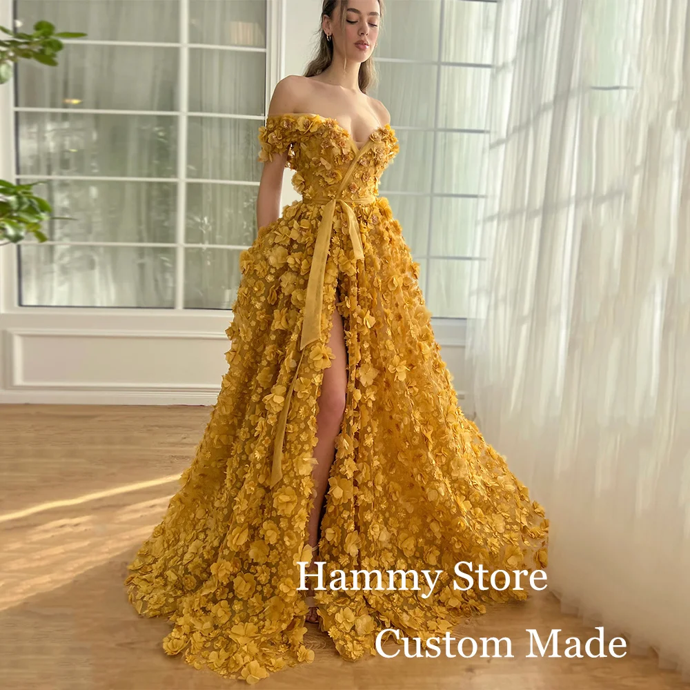 Luxury Gold Flower Evening Dress Customized Off Shoulder V Neck Pearls Slit See Through Saudi Arabian Prom Gown Party Dresses