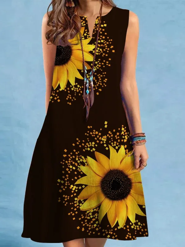 2025 Amerikaanse Grensoverschrijdende Dameskleding Nieuwe Jurk V-hals Mouwloos Sexy Gedrukt Grote Zoom Middellange Jurk WCO8