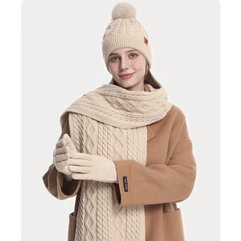 Set Pelindung Leher 3-Potong: Topi, Syal, Sarung Tangan, Set Topi Beanie Musim Dingin Thermal Twist, Warna Solid, Pelindung Telinga, Topi Rajut Hangat untuk Ski