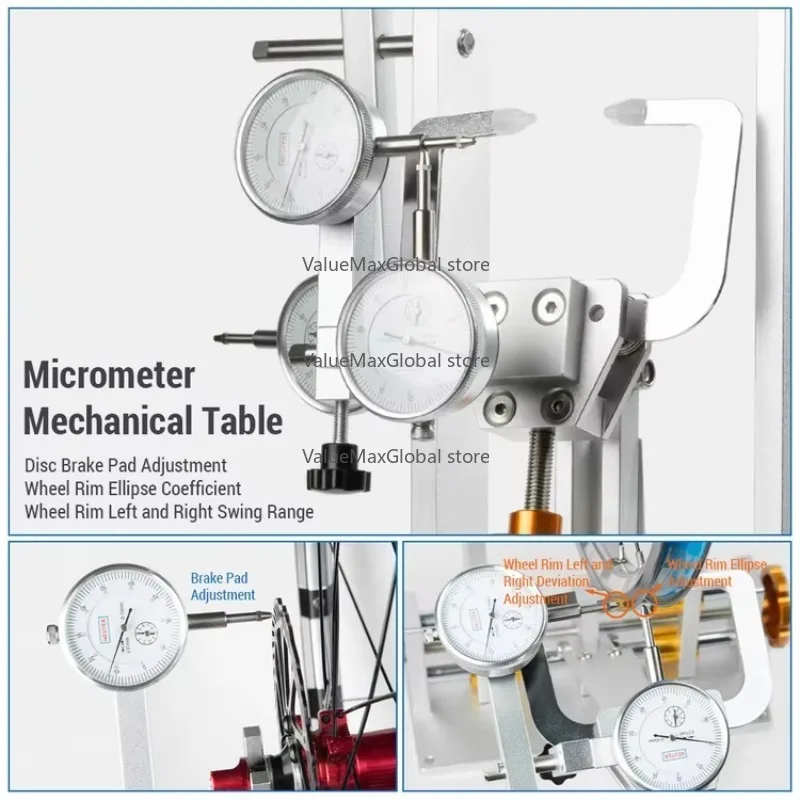 Bicycle Wheel Truing Stand Bike Wheel Alignment Repair Tool Wheel Truing Stand with Dial Gauge for Quick Release and Thru-Axle