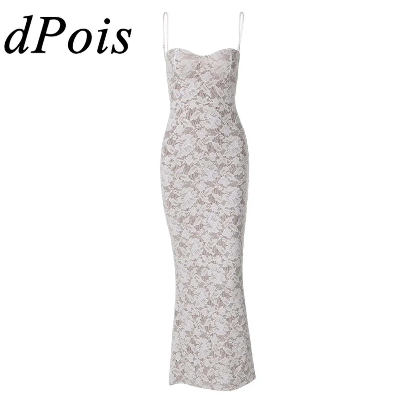 فستان نسائي طويل ضيق شفاف مزهّر من الدانتيل بحمالات رفيعة فستان كامي لحفلات الكوكتيل وحفلات التخرج وحفلات الزفاف للضيوف