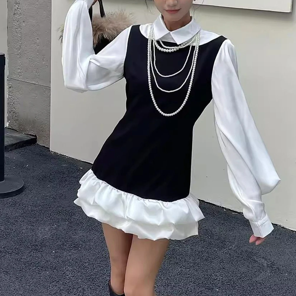 

two-piece splicing dress for women's 2026 spring new black and white contrasting colors exquisite wear and thin bud skirt