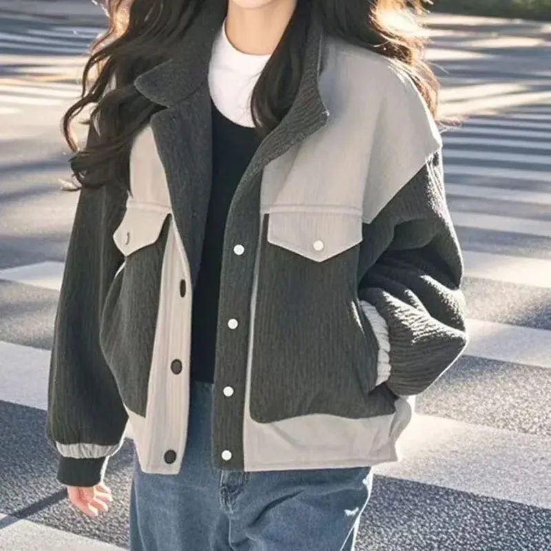 2025 Spring New Simple Fashion Patchwork Color Contrasting Coat Polyester Fiber Premium Double layer Corduroy Coat Autumn Gray