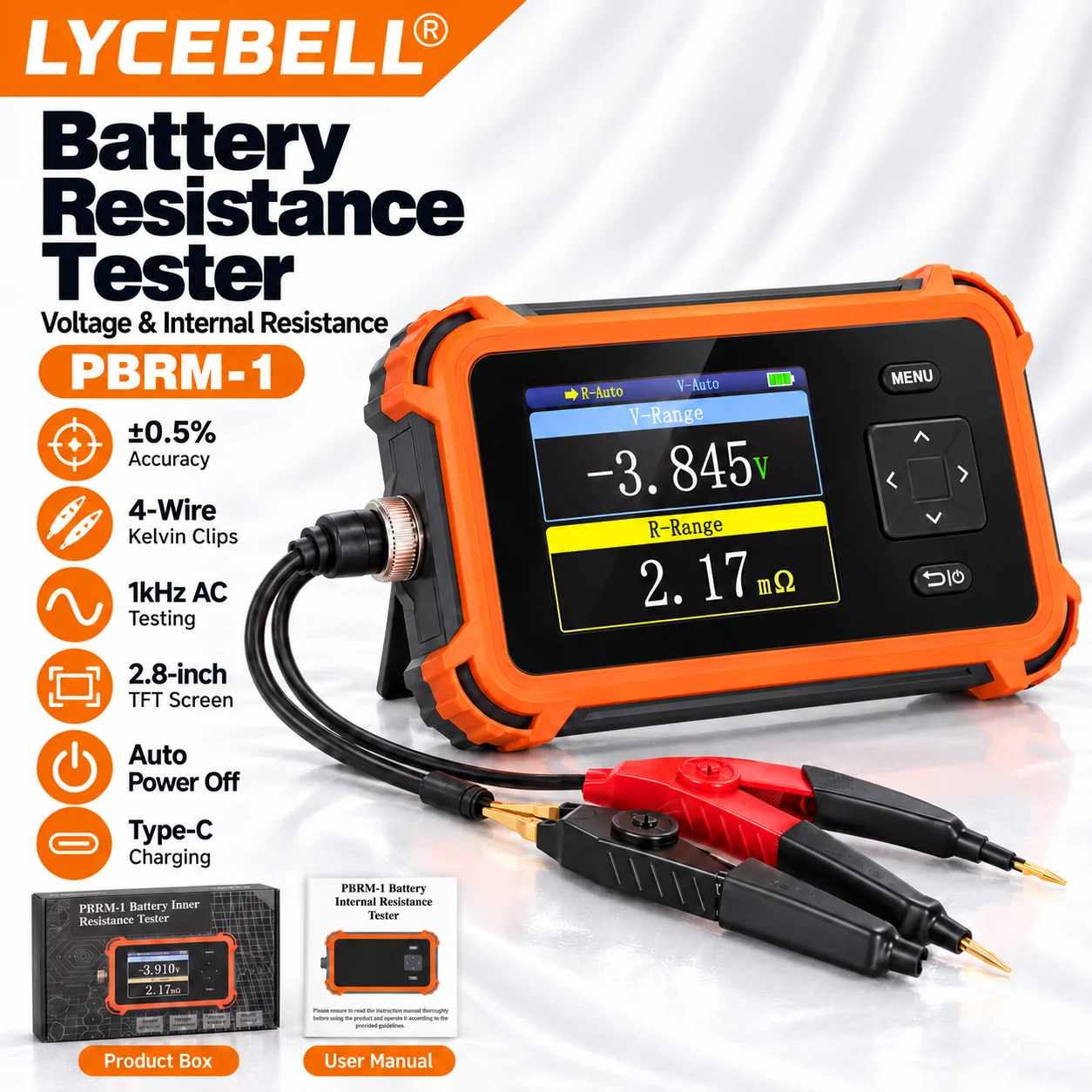 Battery Internal Resistance Tester with 4-Wire Kelvin Measurement, 0-100 Ohms, for Lithium-ion, Lead-Acid and Alkaline Batteries