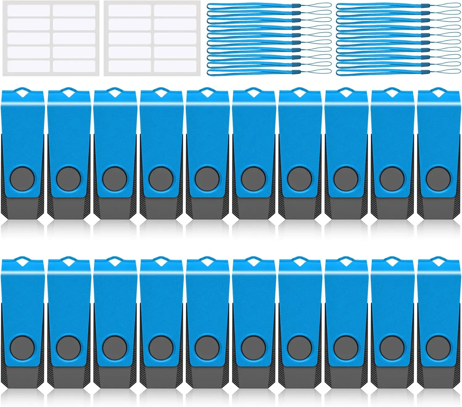 20 Pack 8GB USB 2.0 Flash Drives with Lanyards & Labels - Blue Swivel Design