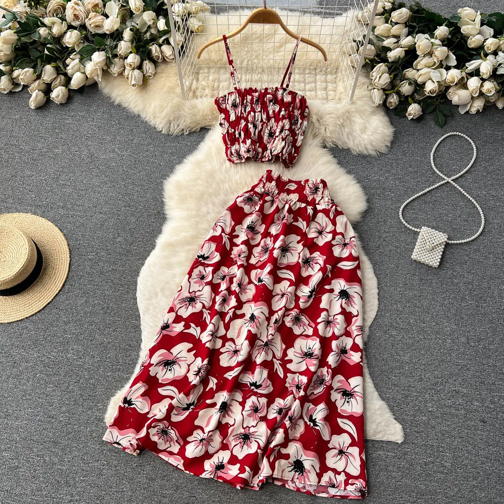 Beach Vacation Floral Halter Top And Skirt Set Women's Sexy Belly Button Outfit Two Piece Set Summer 2023 Fashion Trend
