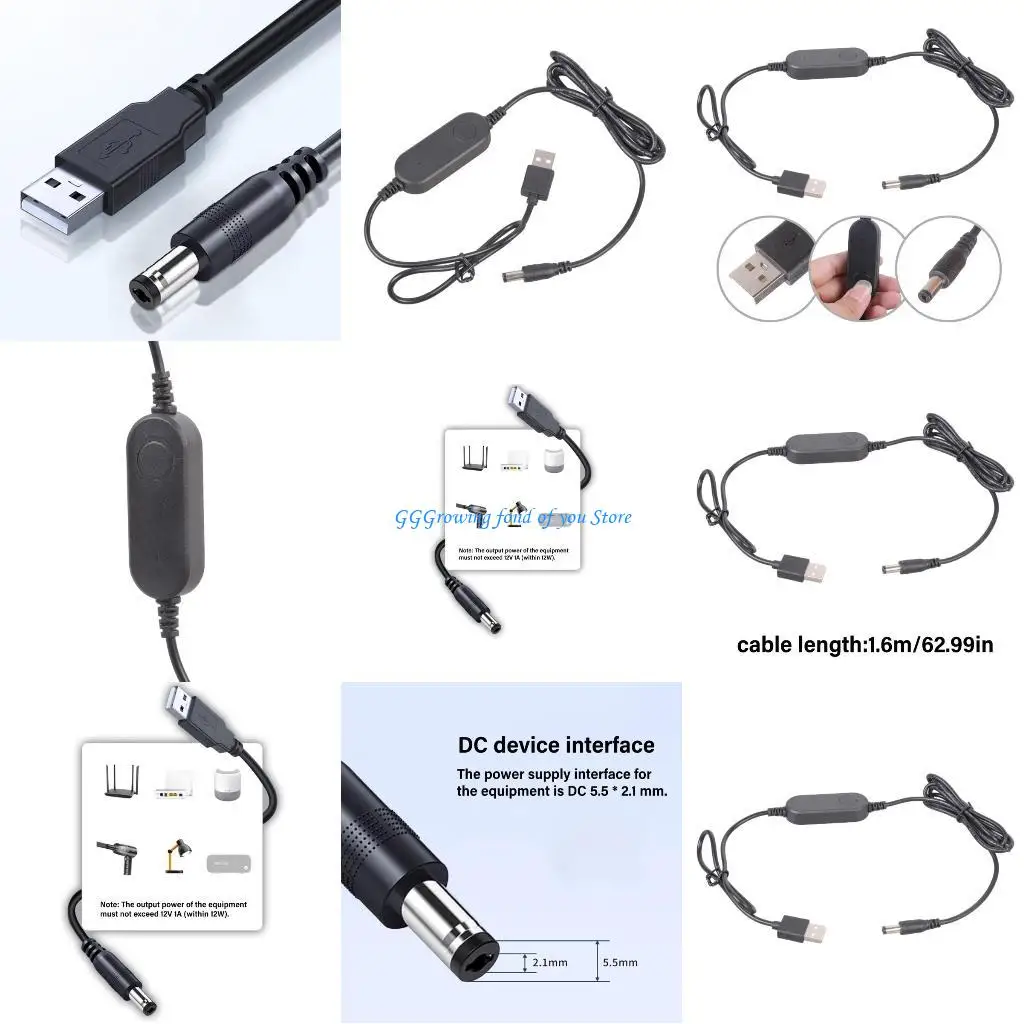 

H9EB USB to DC5.5x2.1mm 12V 12W Converters Cord with Switches for Router LED Light
