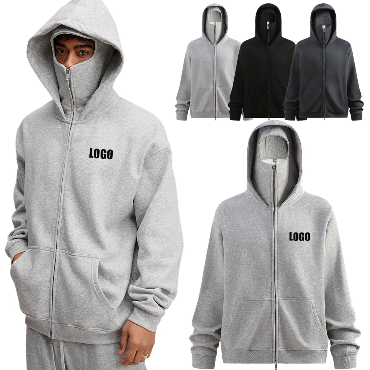 Personalized LOGO Custom Men's Clothing 340G Autumn Winter Fleece Hooded Sweater High Street Sports Windproof Mask Zipper Jacket