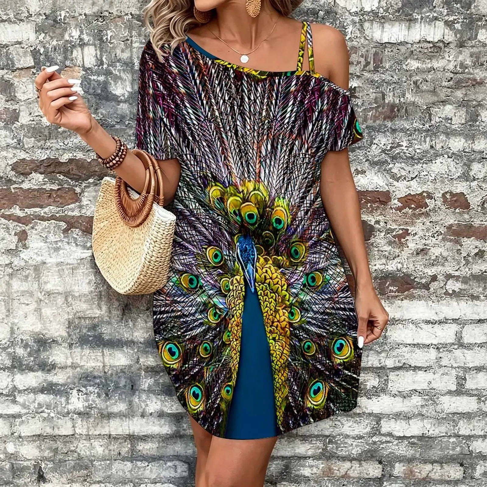 Women Print Cold Shoulder Short Sleeve Mini Dress Irregular Off Shoulder Casual Loose Tunic Dress