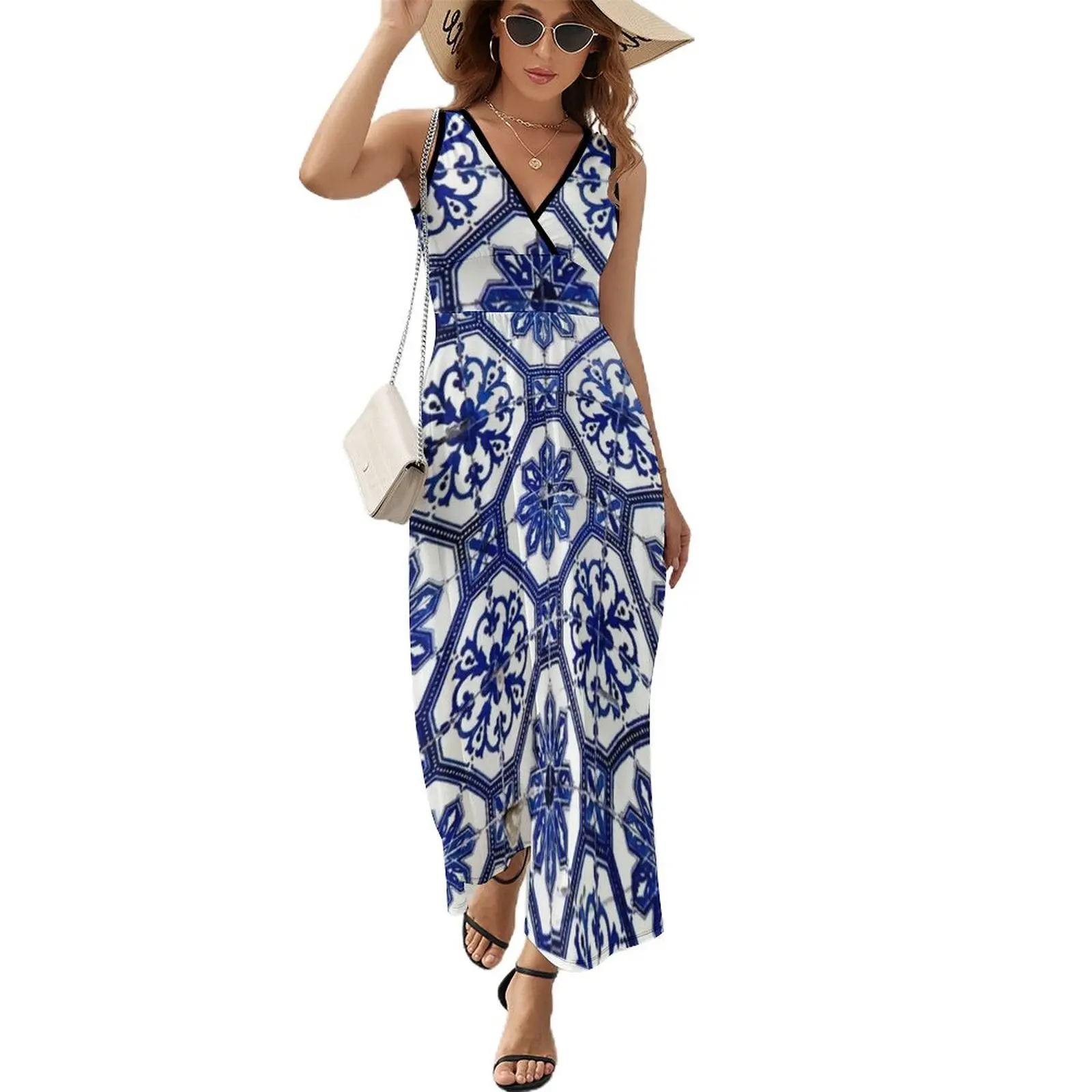 

Blue and White Portuguese Tile Sleeveless Dress Woman clothing summer woman dress 2024 Dress vintage