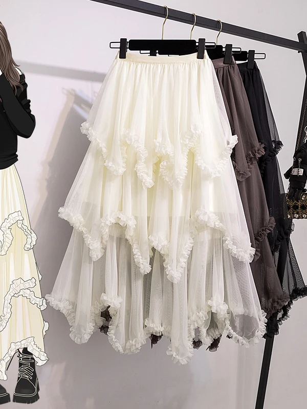 

Korean Gentle Sle f Skirt with Wood ain Ruffle Me A-Line Long Skirt High Waist Spring Season plus Size Women's Clothing