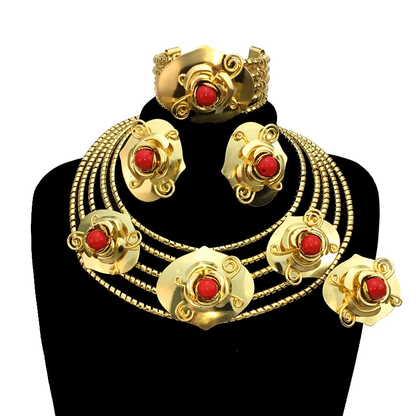 Fashion Ladies Mama Large Flower Necklace Earrings Ring Wedding Party Gift Brazilian Gold Plated Huge Women Jewelry Set FHK13080