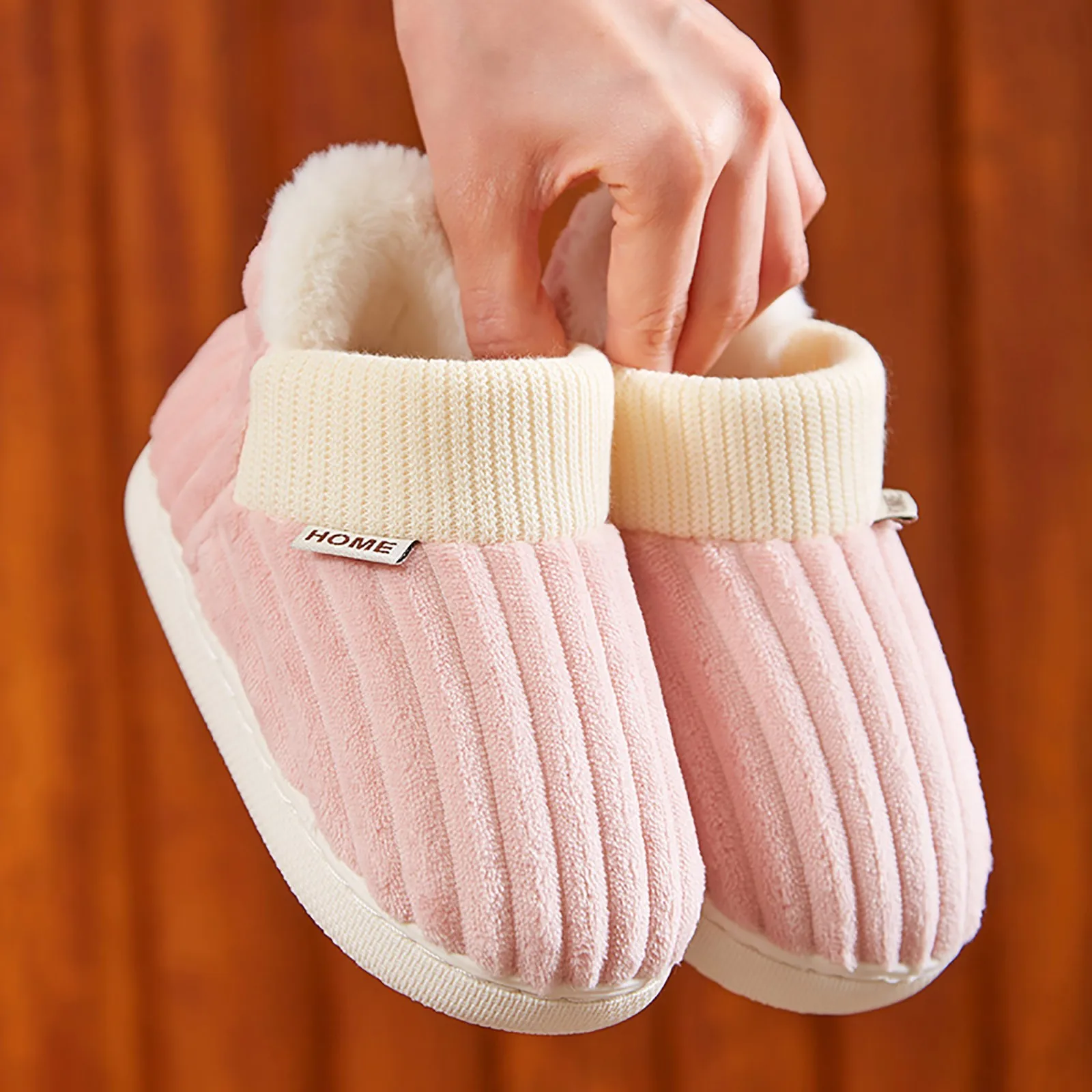 Children's Winter Shoes Concise Stripe Fluffy Slippers for Kids Boys Girls Heel Wrap Warm High Non-slip Home Cotton Shoes