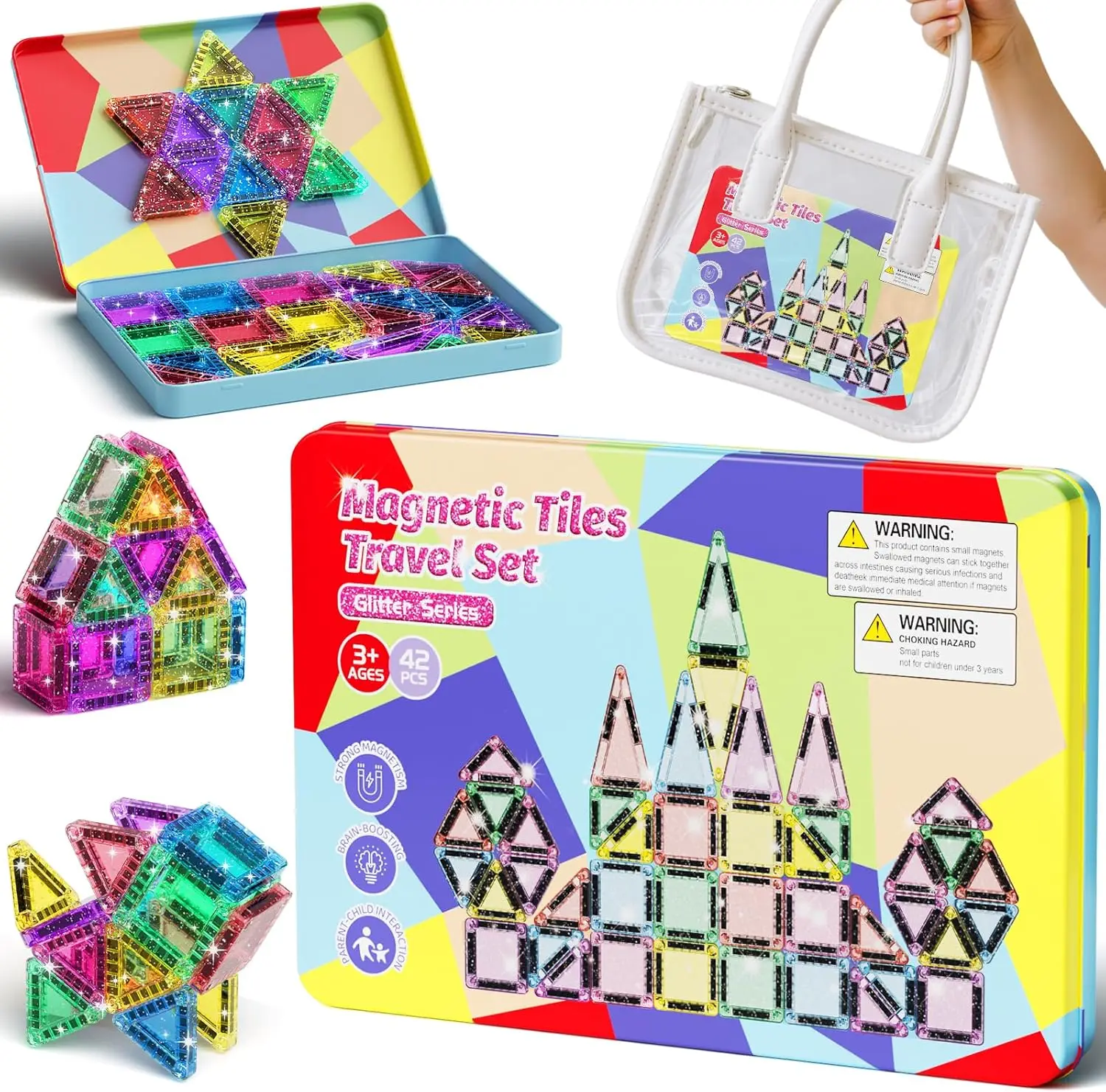 

42 Pcs Mini Travel Glitter Magnetic Tiles Set with Storage Box - STEM Educational Building Toy for Kids