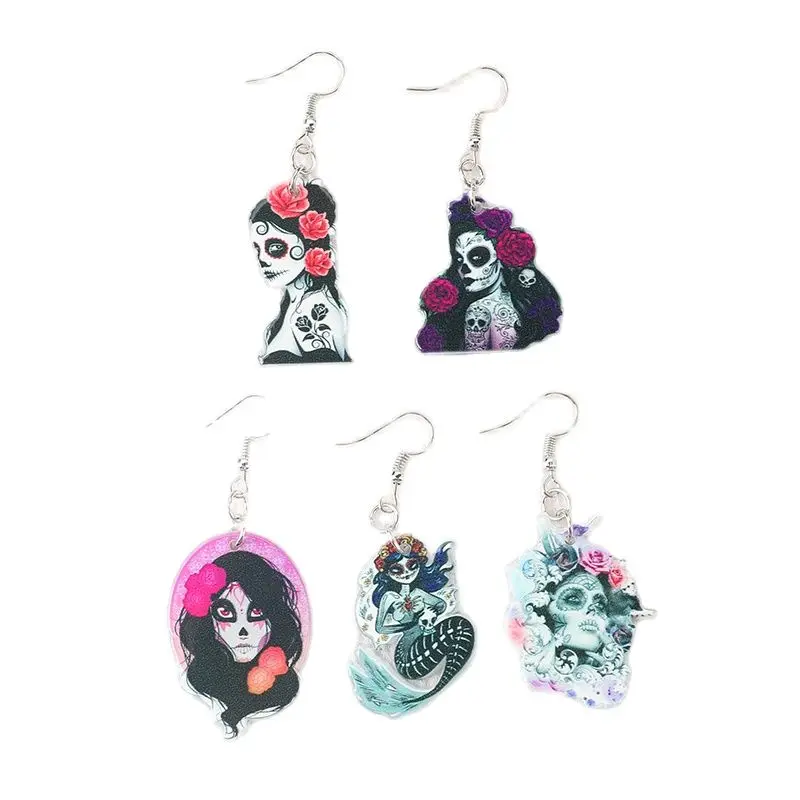 1Pair Halloween Day Of Dead Fashion Drop Earrings Creative Acrylic Mexican Skull Jewelry for Women Birthday Gift