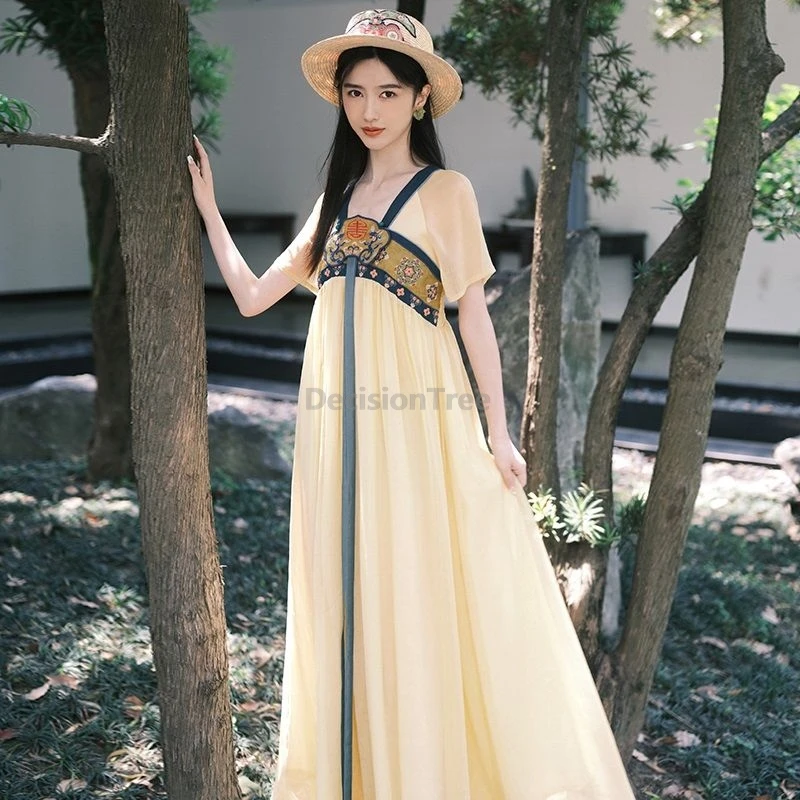 

Платье в китайском этническом стиле ханьфу с вышивкой и пэчворком, свободное платье оверсайз для отдыха на море, ретро-платье в литературно-художественном стиле