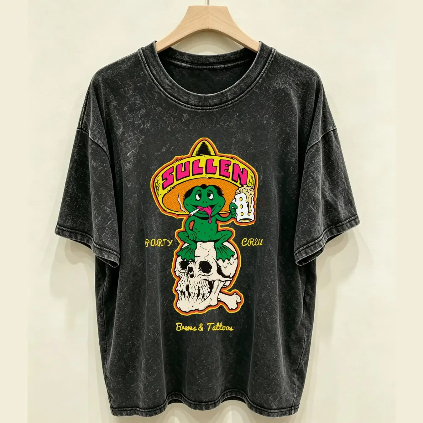 washed T Shirt Sullen Men's Senor Tats  Frog with Beer on Skull Tattoo vintage Washed homme Stylish Stretched Casual Soft
