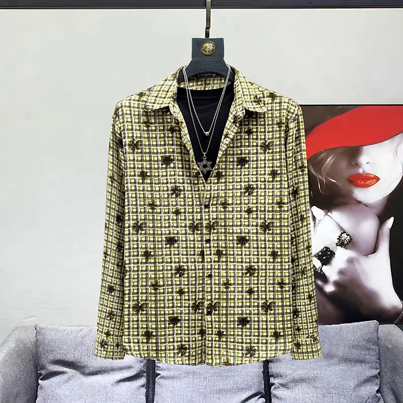 

Мужская корейская модная винтажная рубашка в клетку с цветочным принтом High Street на пуговицах, весна-осень, мужские повседневные свободные топы с длинными рукавами и лацканами