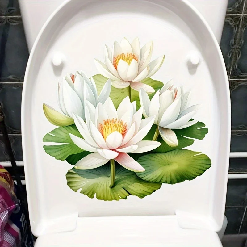 MT1453# Lotus Flower Decal, White Water Lily Classic Style Toilet Lid Cover Sticker, Bathroom Washroom Wall Decor