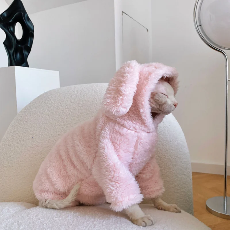 Winter Sphynx Hairless Cat Clothes Sphinx Devon Cute Pink Rabbit Thickening Soft Cotton Flannel for Sphynx Cat Devon Rex