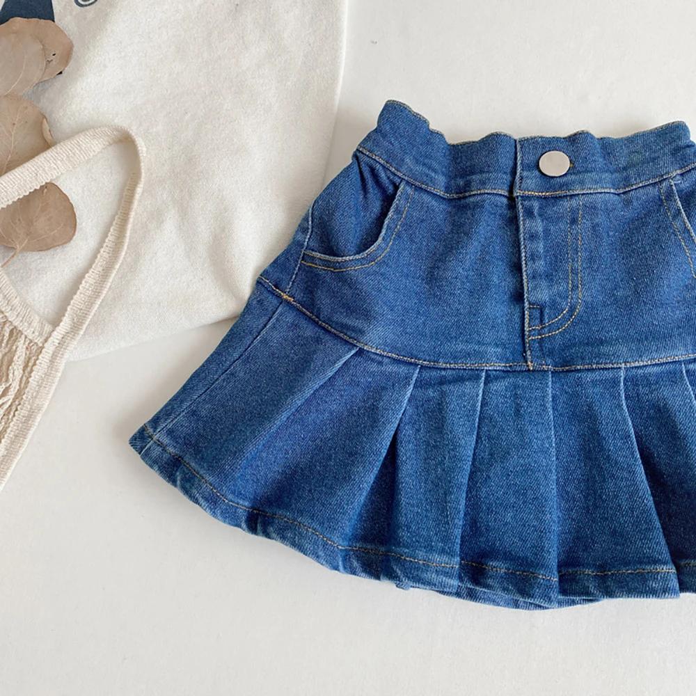 Summer Kids Girls Denim Pleated Skirt Pants 2023 New Korean Style Elastic Waist Blue Jean Skirts 1-8Years Old Infant Girl Skirt