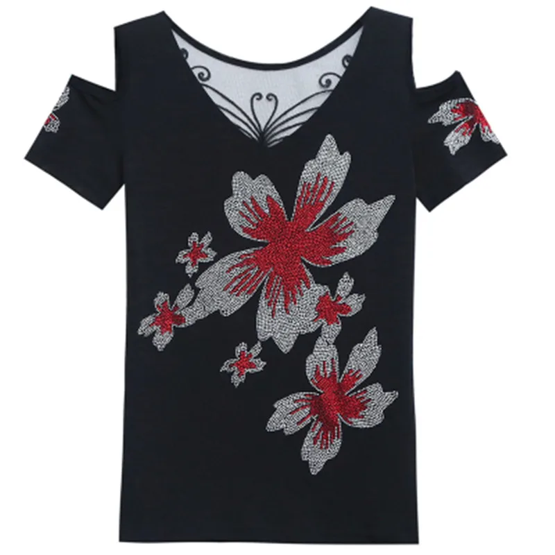 2024 Summer Fashion Korean T-shirt Clothes Sexy Flower Inlaid Diamonds Women Tops Ladies Short Sleeve Off Shoulder Mesh Tees