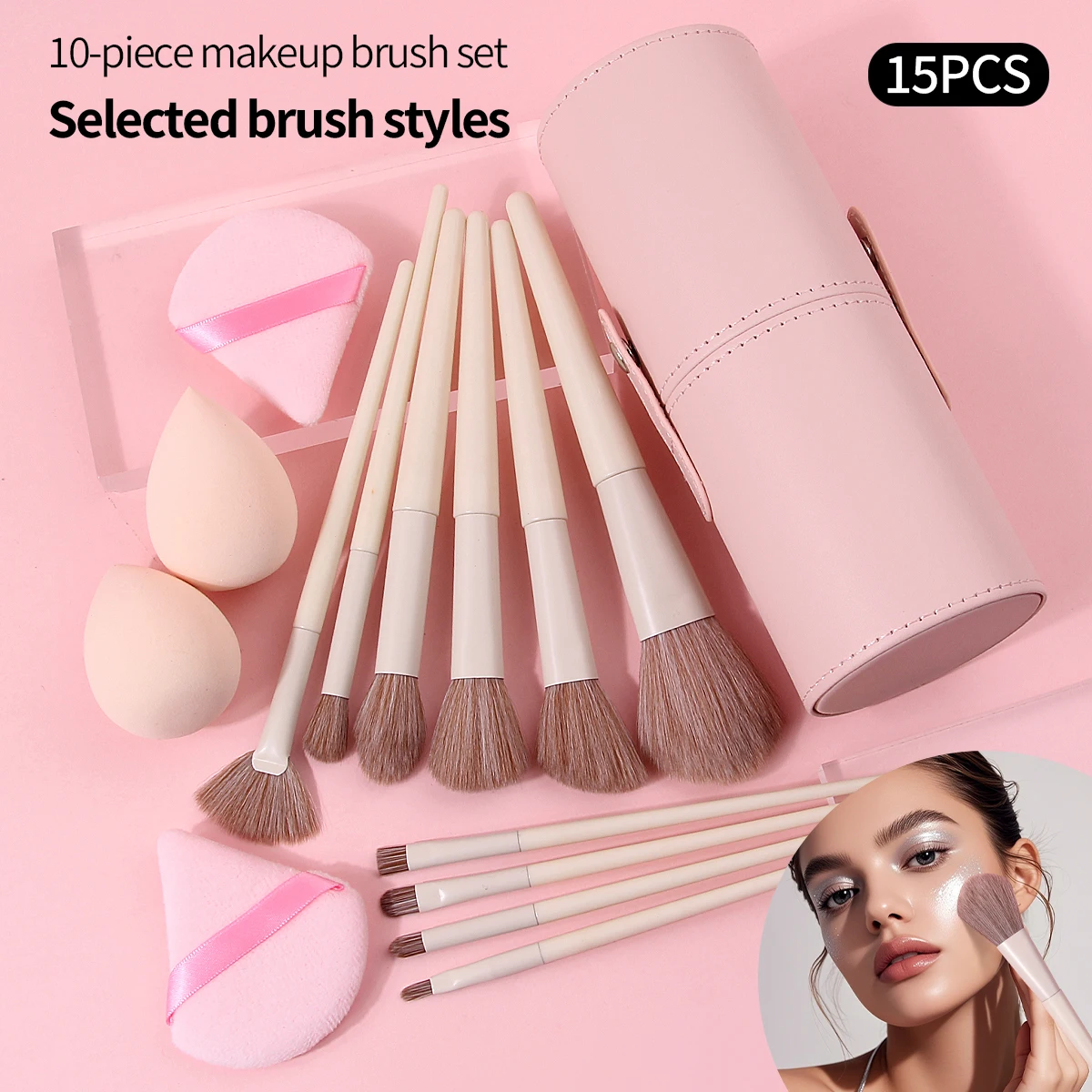 

2026 New 15PCS Makeup Brushes Set Soft Synthetic Fibers Pink Portable Case For Face Eyes Makeup Travel With Sponge Puffs