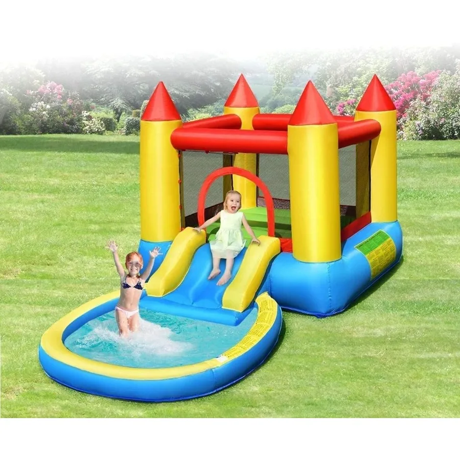Tobogán acuático inflable 4 en 1, casa de rebote con tobogán, piscina contra salpicaduras, área de rebote grande, malla de poliéster, obstáculo interior y exterior Co