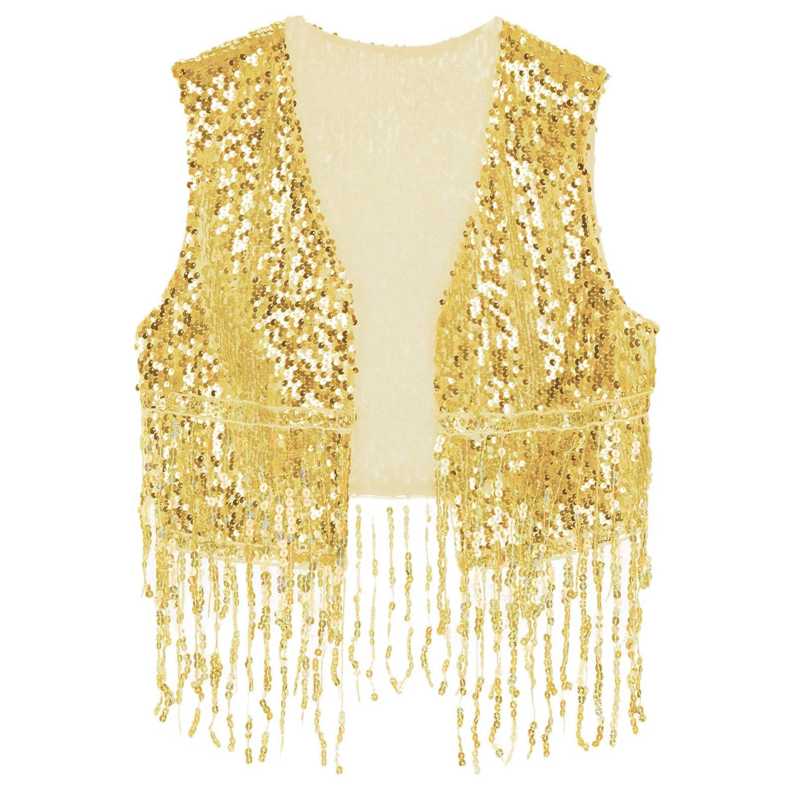 Mens Shiny Sequin Waistcoat Open Front Crop Vest Sleeveless Tassels Fringed Cardigan for Vintage 70s 80s Disco Party Clubwear