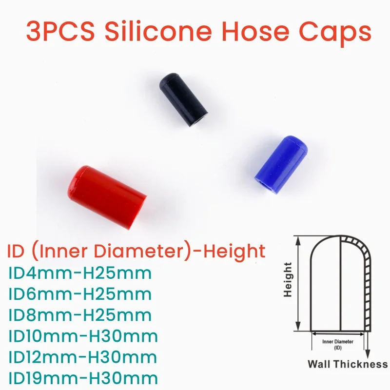 

3PCS Auto Silicone Hoses End Blanking Caps Finishing Bungs Silicon Pipe ID 4mm 6mm 8mm 10mm 12mm 19mm 3Colors