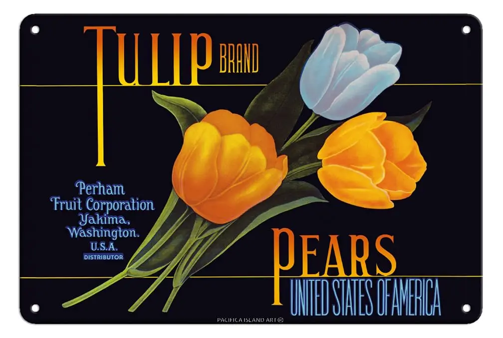 Tulip Brand Pears - Vintage Fruit Crate Label c.1950s - 8 x 12 inch Vintage Metal Tin Sign