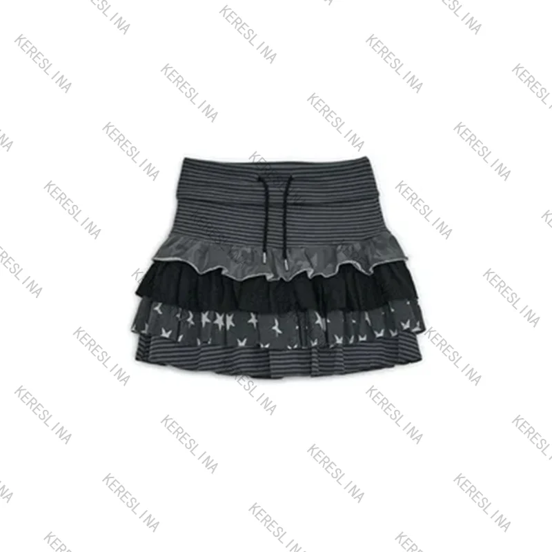 

High street sweet cool style striped star cake mini skirt American Gothic vintage patchwork spicy girls versatile mini skirt emo