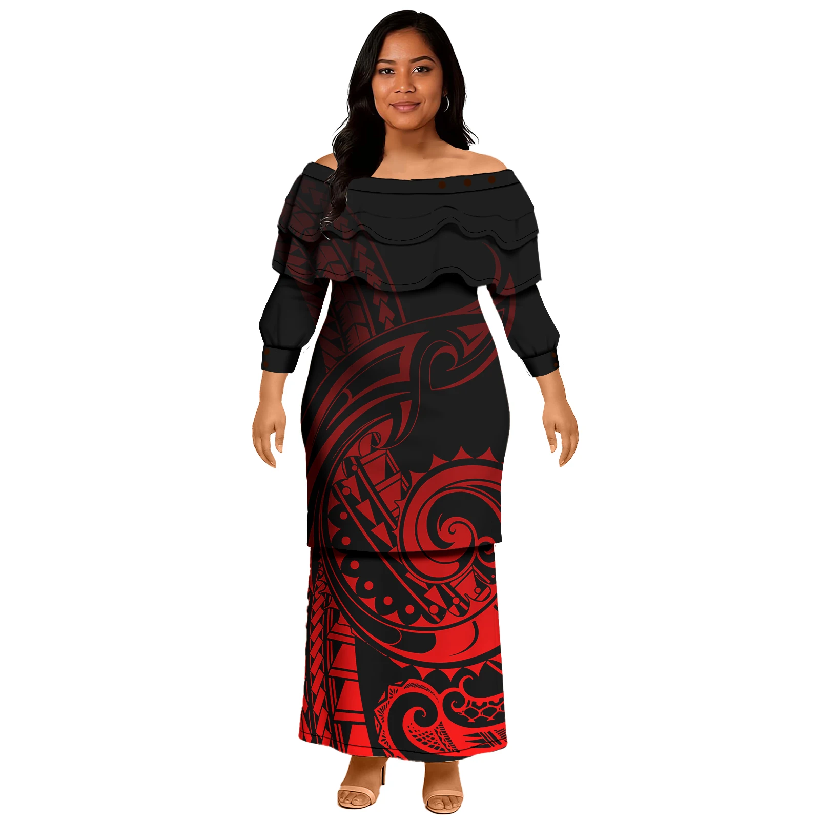 Samoan Puletasi Dress Tradition Polynesian พิมพ์รูปแบบที่กําหนดเอง Ruffles ชุด Puletasi Top และกระโปรงสําหรับสตรี