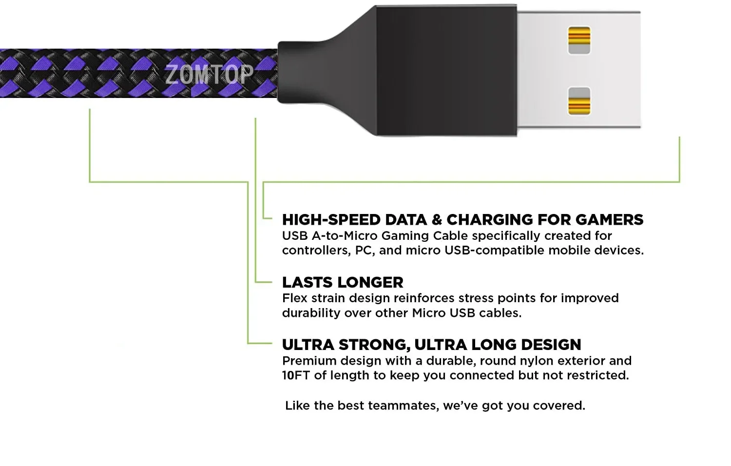 ZOMTOP 3m Micro USB Cable for PS4 and Xbox One Controller Charger Cable 2.0 High Speed Data Sync Cord for Type-c Phone Charger