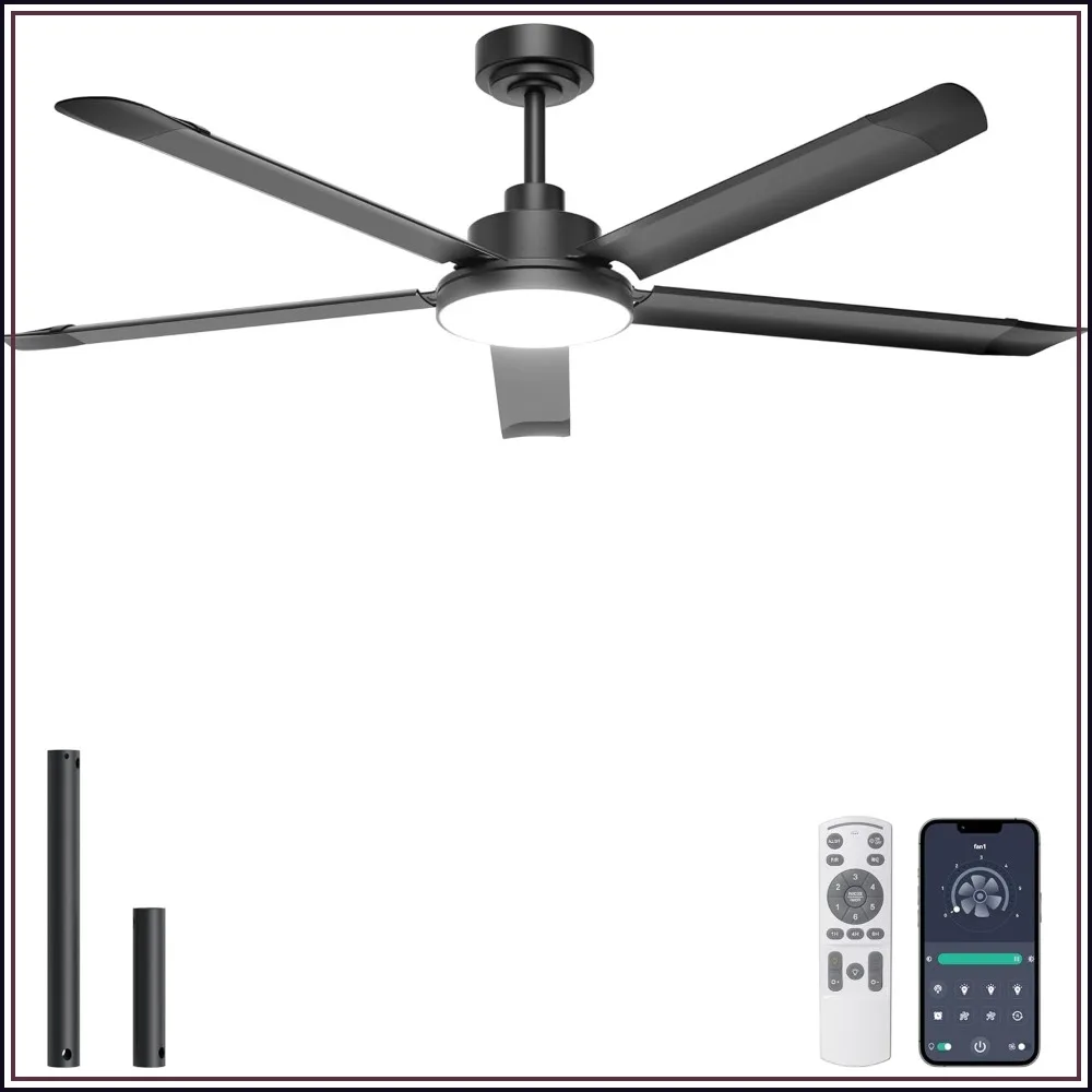 

60'' Ceiling Fan with Lights, Industrial 5-Blade, App/Remote Control, Dimmable, for Outdoor Patio, Garage, Black