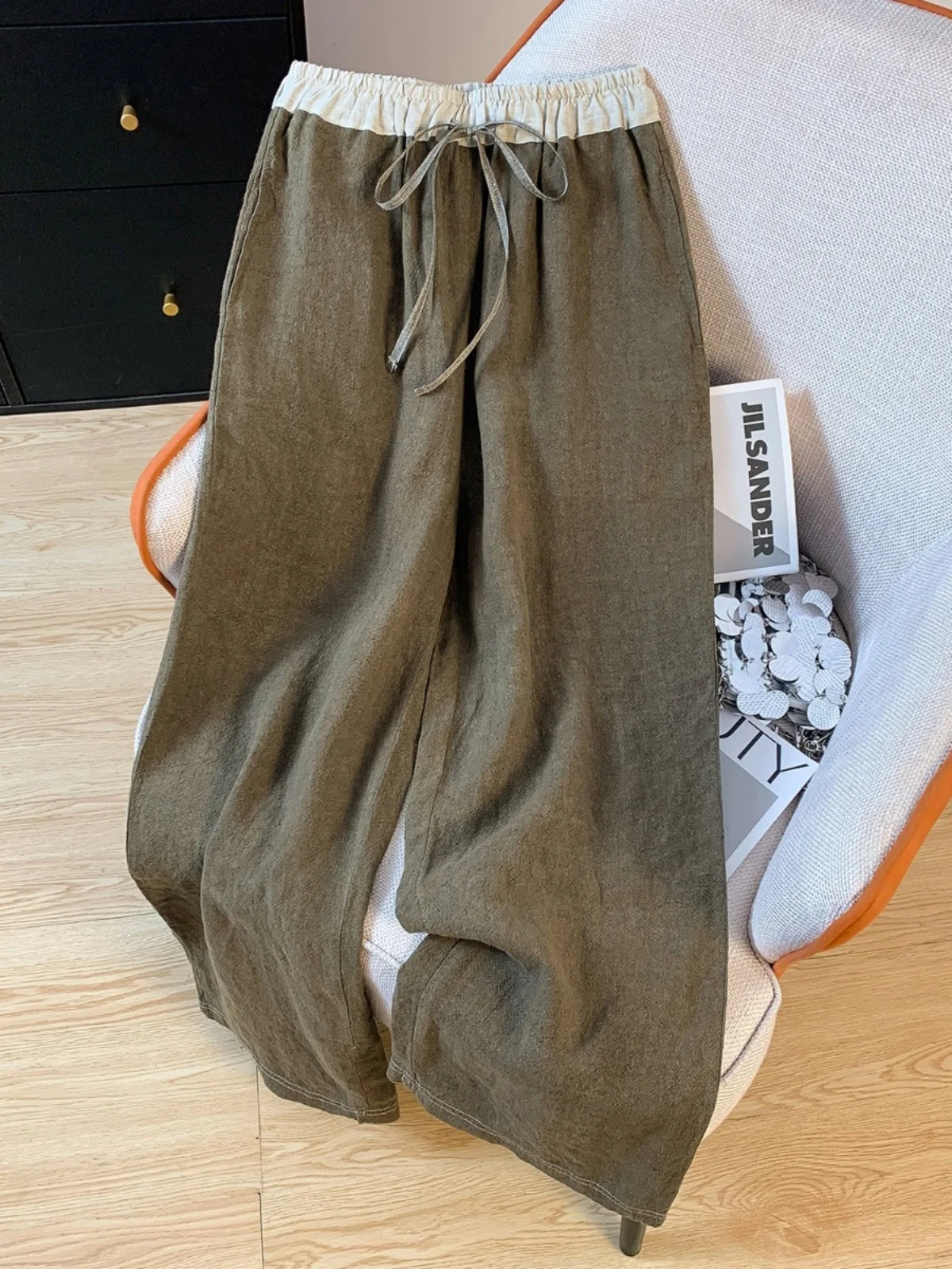 Calças de linho de algodão perna larga feminina cintura alta solta com cinto artístico vintage sle casual calças compridas outono faion